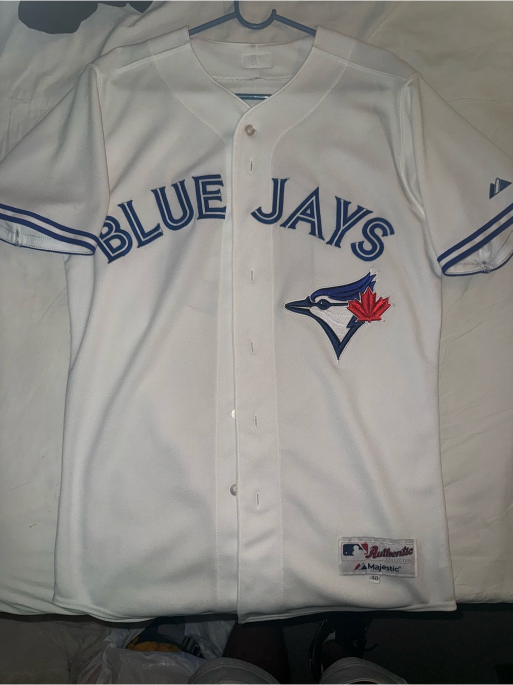Majestic Blue Jays White Jersey with Royal Blue and Red
